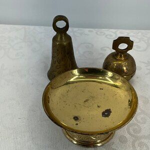 Brass Candle Holder and Two Brass Bells with etching